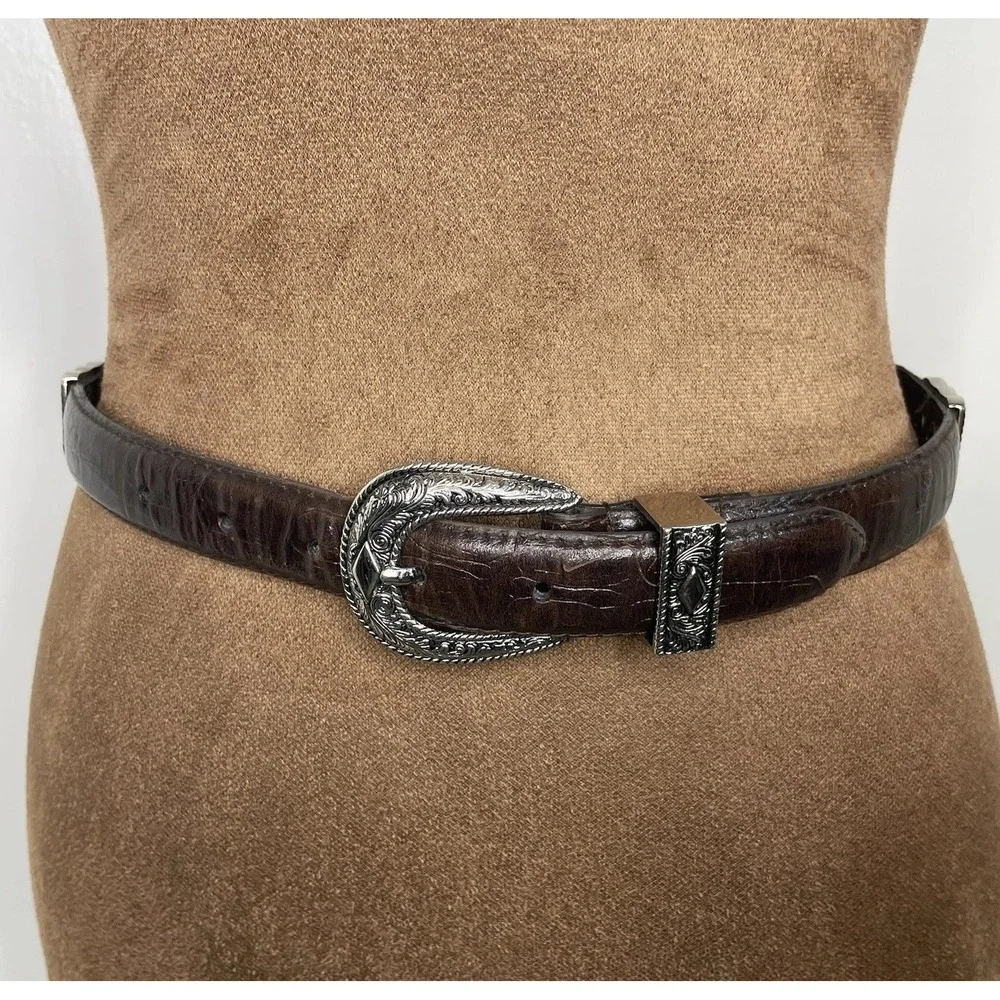 Vtg. 90s-Western-Boho Brown Croc Leather Belt Silver Buckle,Conchos,Womens Small